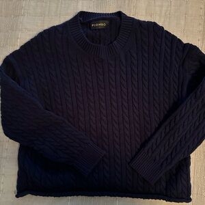 Piombo Navy Cable Knit Rolled Hem Cropped Crewneck Sweater